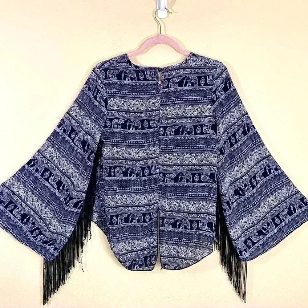 See You Monday Fringed Bell Sleeve Elephant Safari Boho Crop Back Split Top (M) - Picture 11 of 15